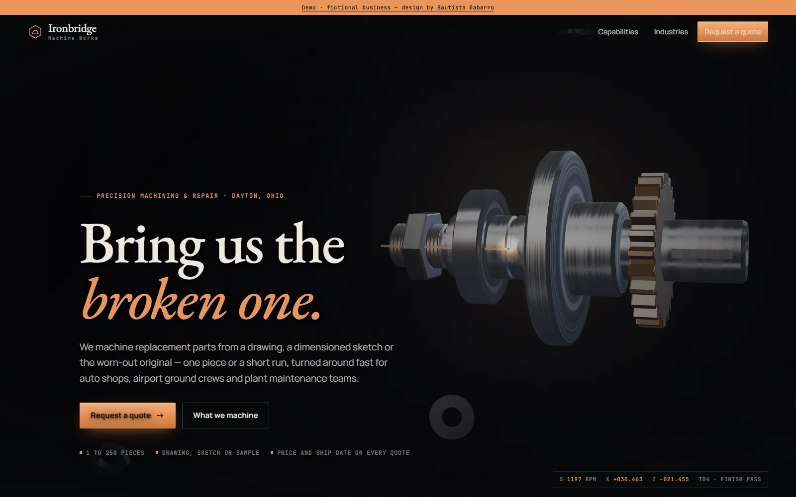 Demo de Ironbridge Machine Works: web industrial oscura con una pieza mecanizada en 3D