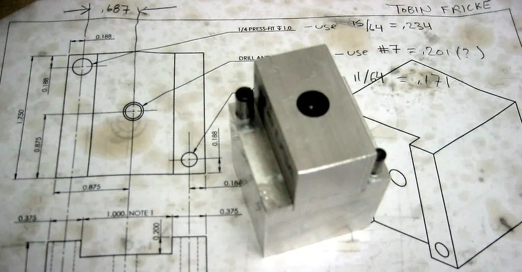 A machined aluminum block resting on the dimensioned hand sketch it was made from