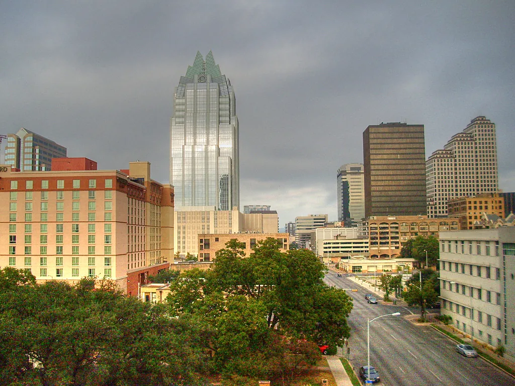 Downtown Austin, Texas, seen above a tree-lined street